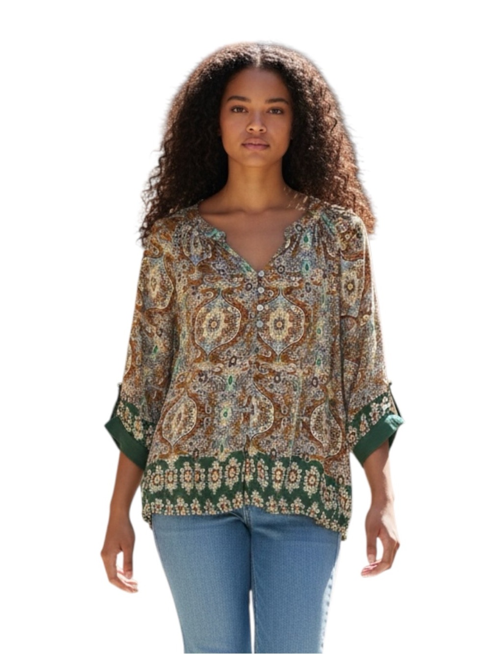 Figueroa & Flower Green Paisley-Print V-Neck Blouse Contrast Cuffs Size M
